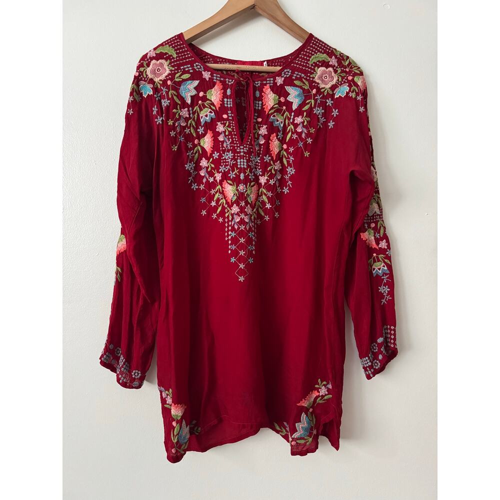 Johnny Was M Red Floral Embroidered Tunic Blouse